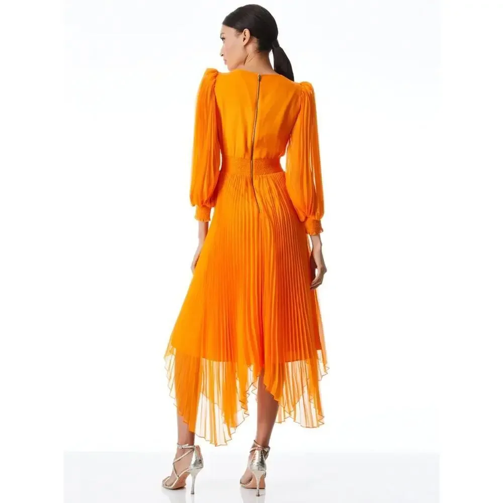 NWOT Alice + Olivia Sion Pleated Midi Dress Size 2 Tangerine Orange #2J459 - Picture 4 of 10